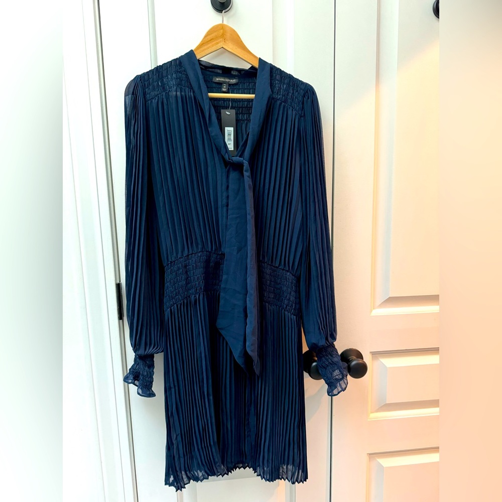 Banana Republic Pleated Tie-Neck Mini Dress| Navy Blue MT #745515 NWT